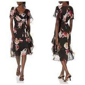 DKNY Dress Size 16 Black Floral Flutter Sleeve V Neck Flowy Office Dark Romantic